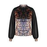 deanwangkt Women Elegant Leopard Mesh Long Sleeve Casual Blouse