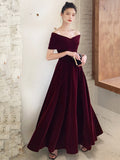 solvbao Burgundy V-Neck Velvet Long Prom Dress, Off Shoulder Evening Party Dress