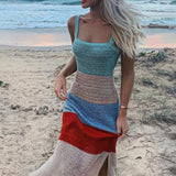 New Low Cut Women Dress Beach Cover-ups Crochet Knitted Tunic Bikini Cover up Swim Striped Beachwear Split Long Kaftan