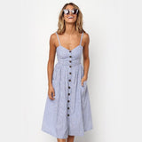 deanwangkt Summer Midi Dress Women's Sexy Sling Backless Sleeveless Button Striped Dot Print Solid Beach Dress With Pockets Female Sundress