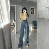 New Light Blue Jeans For Women Washed Retro High Waist Straight Long Loose Wide Leg Jeans Women trousers streetwear pants