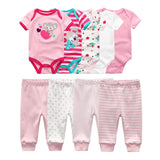 6/9PCS Baby Girl Clothes Newborn Unisex Solid Bodysuits+Pants Cotton Baby Boy Clothes Short Sleeve Girls Baby Clothing Cartoon