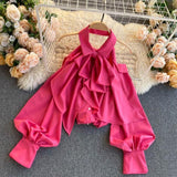 Spring Autumn New Blouse Women Halter Scheming Halter Shirt Bowknot Lapel Puff Sleeve Female Top C031