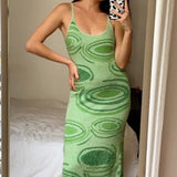 deanwangkt Sexy Print Knit Bodycon Dress Women Green Y2K Party Dress Hollow Out Sleeveless Spaghetti Strap Beach Midi Dresses Summer