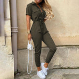 deanwangkt Summer Casual Short Sleeve Rompers Womens Jumpsuit Pure Color Button Overalls For Women Fashion Lace Up Slim Jumpsuit Women