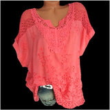 Large Size Loose Short-Sleeved Lace Women Blouses Cotton Blouses  Summer Shirt Tops Sexy Fashion Women Shirt