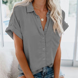 Gentillove Summer Office Lady Solid Tops and Blouses Casual Turn-drow Collar Shirt for Women Elegant Short Sleeve Loose Blouse