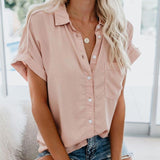 Gentillove Summer Office Lady Solid Tops and Blouses Casual Turn-drow Collar Shirt for Women Elegant Short Sleeve Loose Blouse