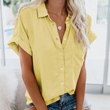 Gentillove Summer Office Lady Solid Tops and Blouses Casual Turn-drow Collar Shirt for Women Elegant Short Sleeve Loose Blouse