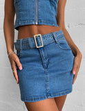 deanwangkt Summer Blue Denim Two Pieces Skirts Sets Women Jeans Streetwear Low Cut Straps Bustier Crop Tops+Mini Bodycon Skirts Club Sets