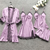 deanwangkt 4 Pieces  Women Pajamas Sets Satin Sleepwear Silk Nightwear Pyjama Soild Strap Lace Sleep Lounge Pijama With Chest Pads