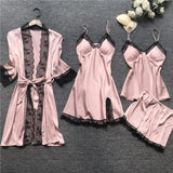 deanwangkt 4 Pieces  Women Pajamas Sets Satin Sleepwear Silk Nightwear Pyjama Soild Strap Lace Sleep Lounge Pijama With Chest Pads