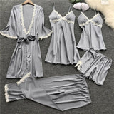 deanwangkt 4 Pieces  Women Pajamas Sets Satin Sleepwear Silk Nightwear Pyjama Soild Strap Lace Sleep Lounge Pijama With Chest Pads