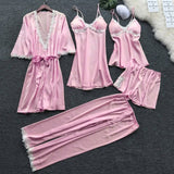 deanwangkt 4 Pieces  Women Pajamas Sets Satin Sleepwear Silk Nightwear Pyjama Soild Strap Lace Sleep Lounge Pijama With Chest Pads