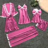 deanwangkt 4 Pieces  Women Pajamas Sets Satin Sleepwear Silk Nightwear Pyjama Soild Strap Lace Sleep Lounge Pijama With Chest Pads