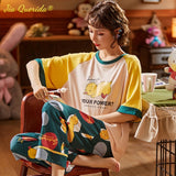 deanwangkt Summer Home Clothing M-5XL Big Size Ladies's Pajamas Green Patchwork Sleeves Cartoon Printing Plus Size Women's Sleepwear