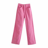 ZA  women Slacks candy colors Jeans Mujer full length Wide leg denim pants pocket loose fashion Trousers High waist Pantalon