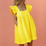 Women Ruffled Mini Dress Summer Cute Square Collar Pocket Dresses Elegant Butterfly Sleeve Beach Party Female Dresses Vestidos