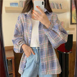 deanwangkt Plaid Shirts Women Lantern Sleeve Cardigan Vintage Top Pink Purple Checkered Beautiful Blouse Fashion Button Up Oversize