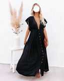 deanwangkt  Summer Beach Maxi Dress Women Pleated Drawstring High Waist Long Dress Solid Boho Casual V-Neck Sexy Party Dresses