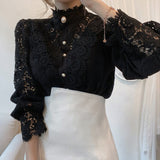 deanwangkt New Sweet Hollow Out Lace Patchwork Women Blouse Chic Button White Top Petal Sleeve Flower Stand Collar Shirt Blusas 12419