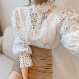 deanwangkt New Sweet Hollow Out Lace Patchwork Women Blouse Chic Button White Top Petal Sleeve Flower Stand Collar Shirt Blusas 12419