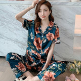 Newest Silk Pajamas for Women Sweet Leopard Pyjamas Woman Elegant Short Sleeve Long Pant Homewear Ladies Sleepwear Sets