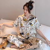 Newest Silk Pajamas for Women Sweet Leopard Pyjamas Woman Elegant Short Sleeve Long Pant Homewear Ladies Sleepwear Sets