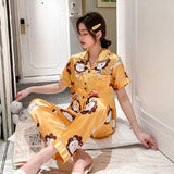 Newest Silk Pajamas for Women Sweet Leopard Pyjamas Woman Elegant Short Sleeve Long Pant Homewear Ladies Sleepwear Sets