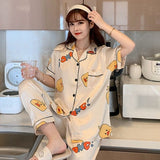 Newest Silk Pajamas for Women Sweet Leopard Pyjamas Woman Elegant Short Sleeve Long Pant Homewear Ladies Sleepwear Sets