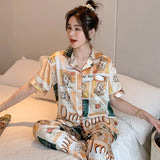 Newest Silk Pajamas for Women Sweet Leopard Pyjamas Woman Elegant Short Sleeve Long Pant Homewear Ladies Sleepwear Sets