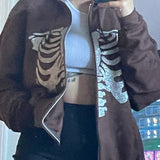 deanwangkt Rhinestone Skeleton Zip Up Oversized Sweatshirts  Summer Goth Hoodies Women Grunge Hooded Jacket Streetwear Retro Clothe