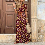 Retro Maxi Dress Women V Neck Short Sleeve Dress Female Floral Print Belt Beach Holiday Long Split Dresses Ladies Elegant Robe