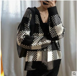 deanwangkt Korean Loose Winter Ladies Cardigan V-neck Check Plaid Coat Knitted Women's Sweater Long Sleeve Women Jacket QT1028