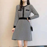 Runway Fall Winter Korean Women's Long Sleeve Vintage Houndstooth Plaid Elegant O Neck Knitted Sweater Dresses Vestidos