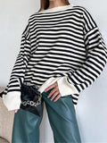 deanwangkt - Stripe Drop Shoulder Slit Loose Sweater