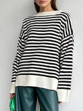 deanwangkt - Stripe Drop Shoulder Slit Loose Sweater