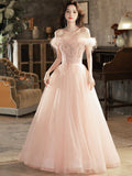 solvbao Pink Tulle Lace Long Prom Dress with Feathers, Off Shoulder Pink Evening Dress