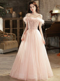 solvbao Pink Tulle Lace Long Prom Dress with Feathers, Off Shoulder Pink Evening Dress