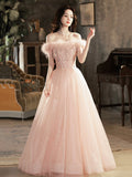 solvbao Pink Tulle Lace Long Prom Dress with Feathers, Off Shoulder Pink Evening Dress