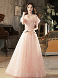 solvbao Pink Tulle Lace Long Prom Dress with Feathers, Off Shoulder Pink Evening Dress