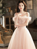 solvbao Pink Tulle Lace Long Prom Dress with Feathers, Off Shoulder Pink Evening Dress