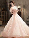 solvbao Pink Tulle Lace Long Prom Dress with Feathers, Off Shoulder Pink Evening Dress