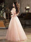 solvbao Pink Tulle Lace Long Prom Dress with Feathers, Off Shoulder Pink Evening Dress