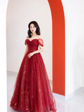 solvbao Burgundy Tulle Long Prom Dress, Beautiful A-Line Off the Shoulder Evening Party Dress