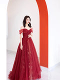 solvbao Burgundy Tulle Long Prom Dress, Beautiful A-Line Off the Shoulder Evening Party Dress