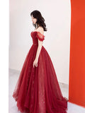 solvbao Burgundy Tulle Long Prom Dress, Beautiful A-Line Off the Shoulder Evening Party Dress