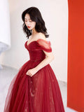 solvbao Burgundy Tulle Long Prom Dress, Beautiful A-Line Off the Shoulder Evening Party Dress