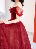 solvbao Burgundy Tulle Long Prom Dress, Beautiful A-Line Off the Shoulder Evening Party Dress